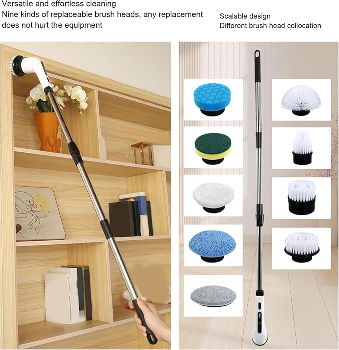Electric Spin Scrubber Cordless Multifunction Retractable Handle Bathroom Tile Power Cleaning 9 Brushes Bath Tub Scrubber