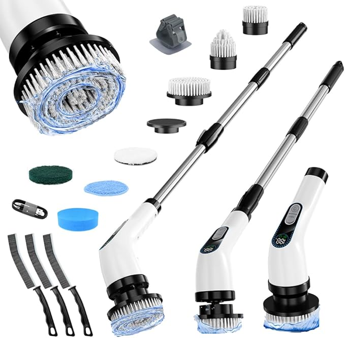 Electric Spin Scrubber Cordless – Powerful Bathroom Cleaning Brush with Long Handle, 2 Speeds, 3000mAh Rechargeable, 7 Brush Heads, Wall Hanger & Crevice Tools – Shower, Tub & Tile Cleaner