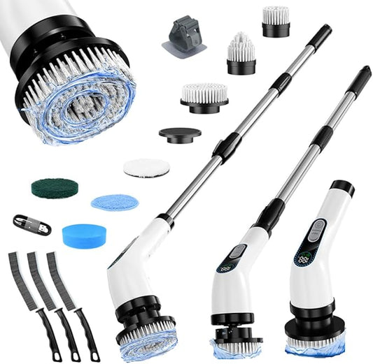 Electric Spin Scrubber Cordless – Powerful Bathroom Cleaning Brush with Long Handle, 2 Speeds, 3000mAh Rechargeable, 7 Brush Heads, Wall Hanger & Crevice Tools – Shower, Tub & Tile Cleaner