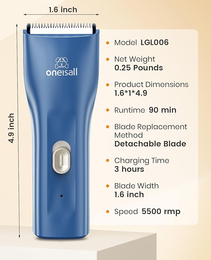oneisall Pet Clipper for Cat Matted Hair, Pet Shaver for Cats Quiet Pet Clippers Waterproof Cordless Cat Clippers for Matted Long Hair with Storage Bag (Blue)