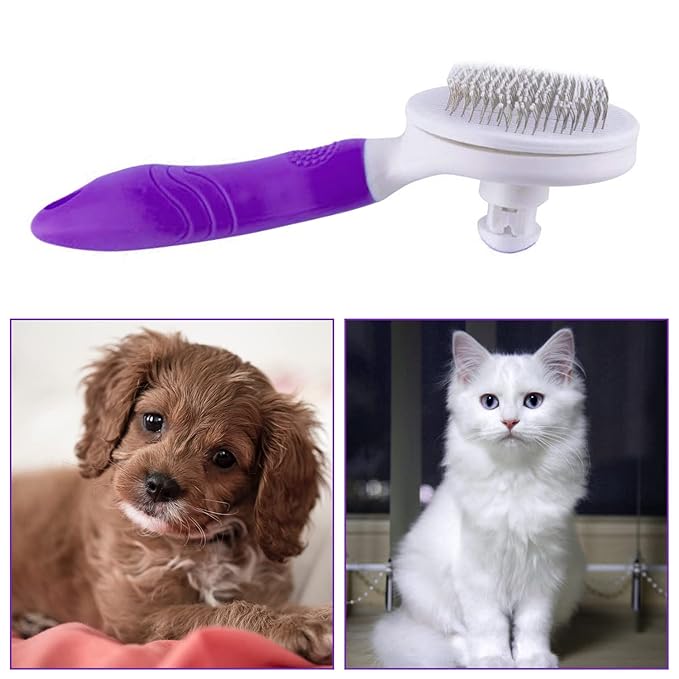 Self Cleaning Slicker Brush - Cat Brush Skin-Friendly Deshedding Grooming Massaging Tool for Long & Short Haired Pets, Cat Hair Brushes Easy Removes Undercoat for Dogs Cats Rabbits-UPGRADED, Purple
