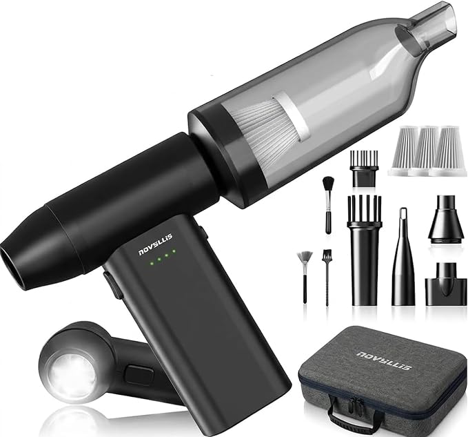Electric Compressed Air Duster Vacuum Cleaner, LED Light 180000 RPM 5-Speed Handheld Mini Blower Storage Bag PC Cleaning Kit USB-C Rechargeable for Keyboard Home Outdoor Car BBQ Grill - Cleanova
