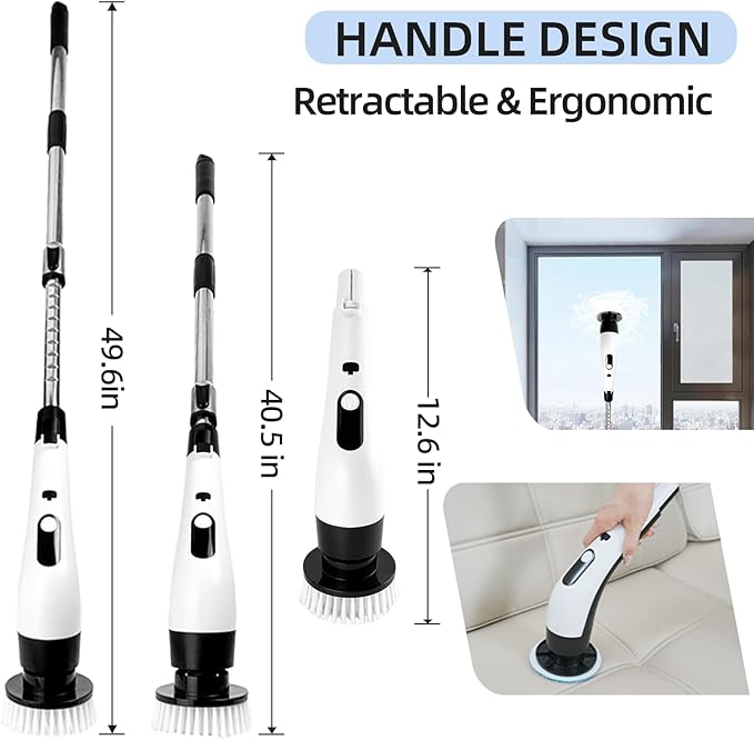 Cordless Electric Spin Scrubber with 8 Brush Heads Power Handheld Scrubber Cleaning & Shower with Adjustable Handle, IPX7 Waterproof for Shower Tile Grout Tub Tile Floor Bathroom Cleaning