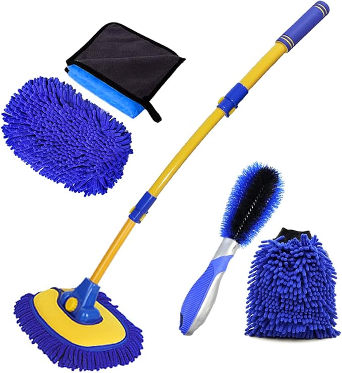BMLEI Car Wash Brush With Long Handle, Chenille Microfiber Mop Mitt, 1 Replacement Head, Wheel Brush Extension Pole, Cleaning Kit With Towels for Cars Trucks 5PCS