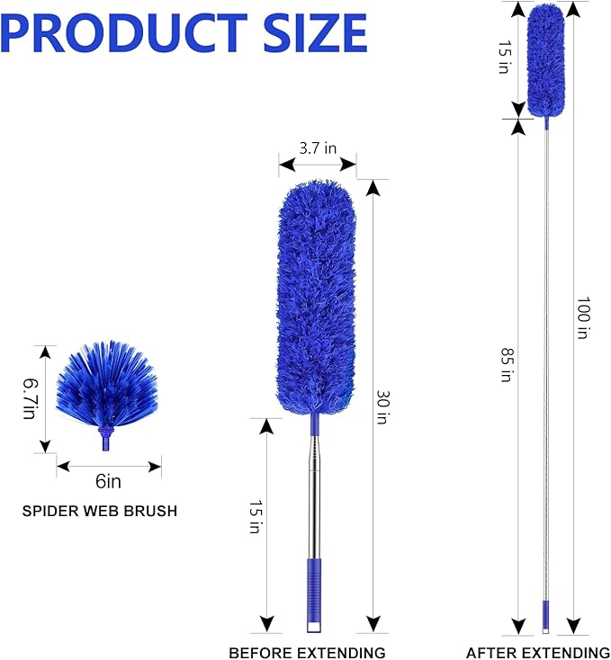 SetSail Dusters for Cleaning, 100-inch Extra-Long Cobweb Duster with Extension Pole, Bendable Microfiber Head & Cobweb Brush Washable Ceiling Fan Cleaner Duster Kit, Blue