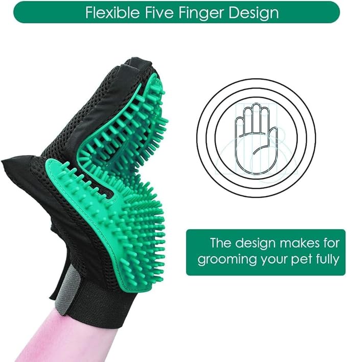 Pet Hair Remover Glove - Gentle Pet Grooming Glove Brush - Deshedding Glove - Massage Mitt with Enhanced Five Finger Design - Perfect for Dogs & Cats with Long & Short Fur - 1 Pack (Right-hand), Green