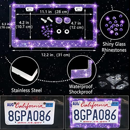 27 PCs Purple Violet Bling Car Accessories Set for Women, Steering Wheel Covers Universal Fit 15 Inch, Bling License Plate Frame, Bling Phone Holder, Bling Car Coasters