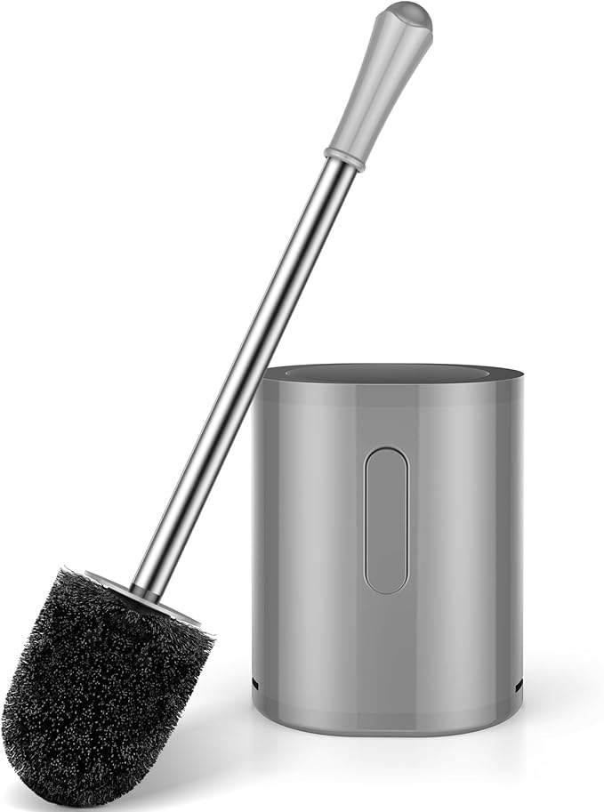 Toilet Brush and Holder Set, with Stainless Steel Handle Toilet Bowl Brush, Compact Toilet Scrubber Brush for Deep Cleaning Bathroom Restroom, Easy to Assemble-Grey