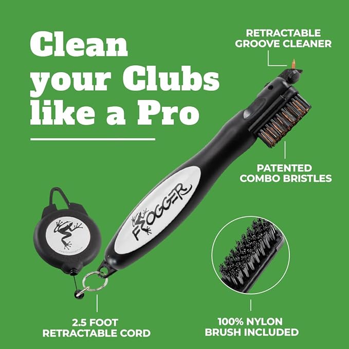 Frogger BrushPro Golf Club Cleaner with Ergonomic Grip and 2.5 ft. Retractable Cord - Sturdy Golf Club Brush and Groove Cleaner for Golfers