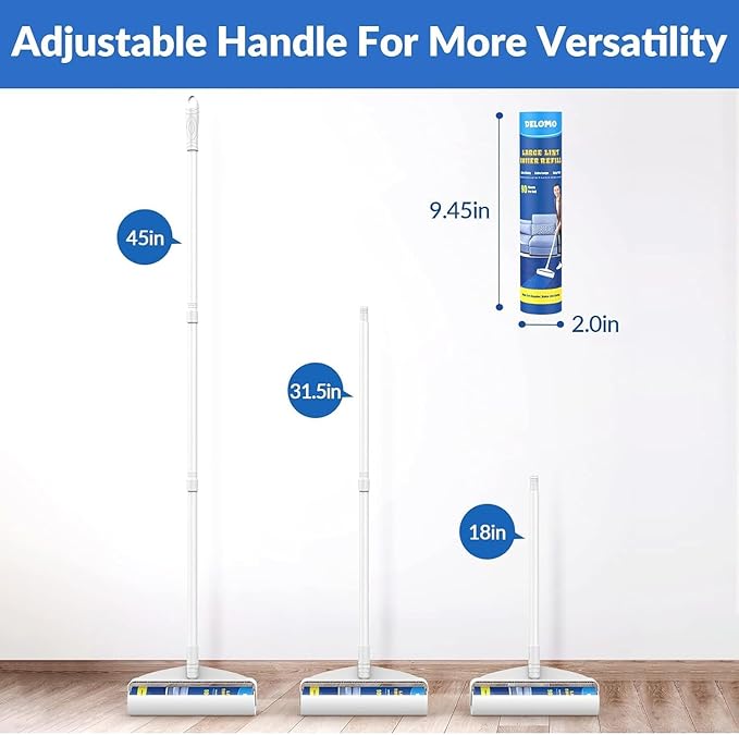 Large Lint Rollers for Carpet: Sticky Rollers for Floor DELOMO 9.45 in with 3 Extendable Handle, Long Handle Sticky Mop for Cleaning Carpets, Cars, Bedding, Couches, and Pet Hair - for Pet Homes