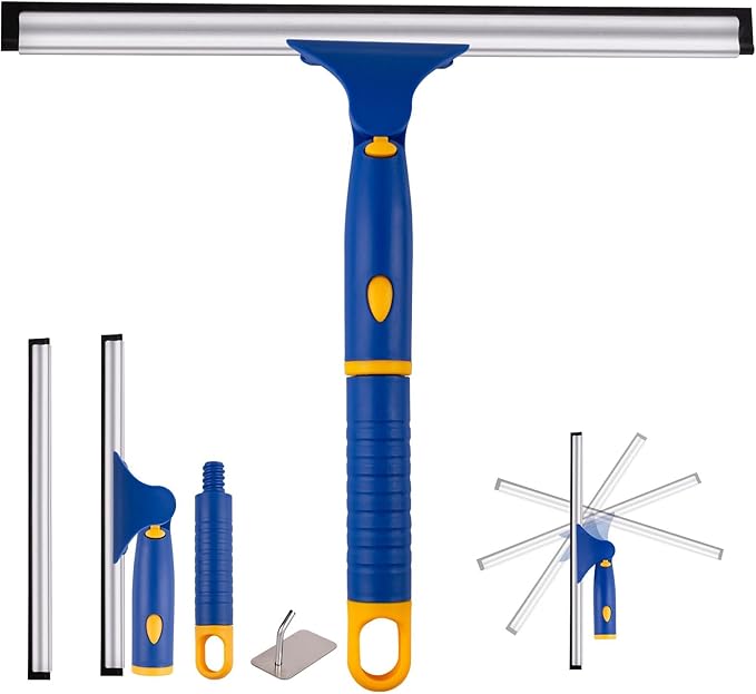 Swivel Shower Squeegee for Glass Doors, All-Purpose Anti-Slip Window Squeegee with 2 Blades, Window Cleaner Tool Bathroom Squeegee for Shower Doors, Tile Shower Walls，Mirrors,Car Windshields