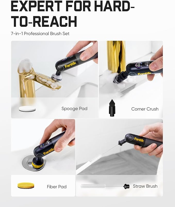 Fanttik Flip G10 Nano HomeCare Cordless Electric Spin Scrubber, 360° High-Torque Rotation, 2-Speed & 3-Angle, IPX7 Waterproof Cleaning Brush with 15 Brush Heads for Grout, Tiles, Sinks, Crevices