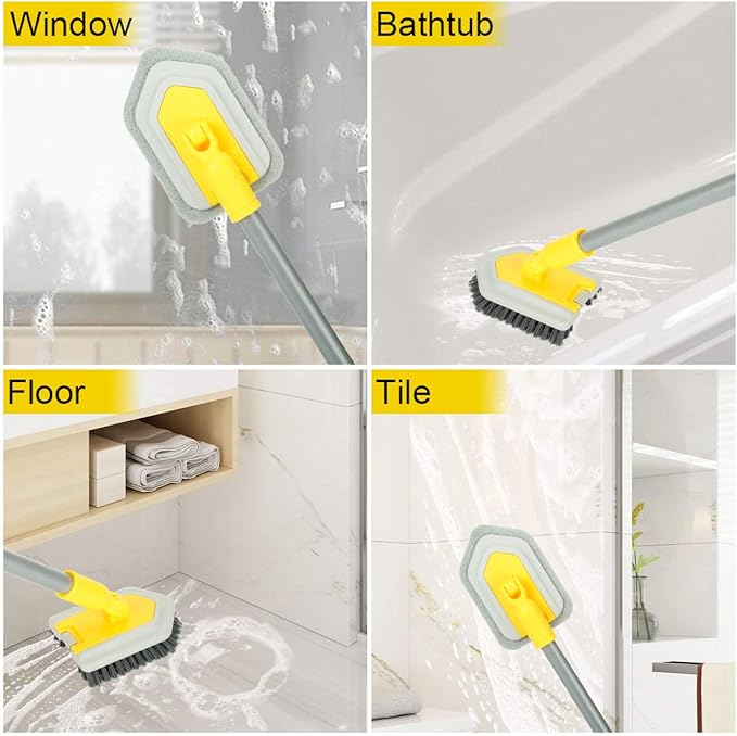 Lalafancy Shower Cleaning Brush with Locking Head, 3 in 1 Tub Tile Scrubber Brush with 50'' Extendable Long Handle Stiff Bristles Scouring Pads Microfiber for Cleaning Bathtub Shower Wall Bathroom