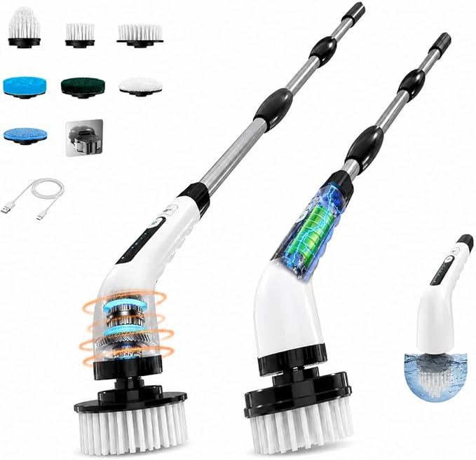 Electric Spin Scrubber, Cordless Cleaning Brush with 7 Replaceable Heads Brush, Power Scrubber with 12 & 54in Extendable Handle, 2 Speed 400RPM Shower Scrubber for Bathroom, Tub, Tile, Floor, Car