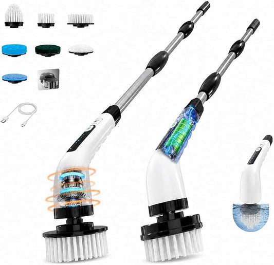 Electric Spin Scrubber, Cordless Cleaning Brush with 7 Replaceable Heads Brush, Power Scrubber with 12 & 54in Extendable Handle, 2 Speed 400RPM Shower Scrubber for Bathroom, Tub, Tile, Floor, Car