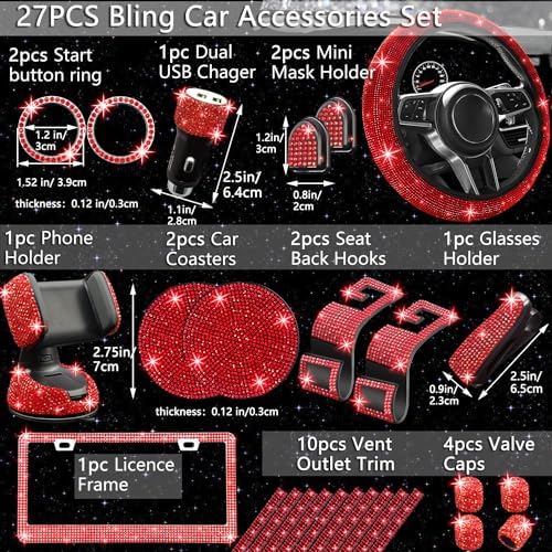 27 PCs Red Bling Car Accessories Set for Women, Steering Wheel Covers Universal Fit 15 Inch, Bling License Plate Frame, Bling Phone Holder, Bling Car Coasters (Red Diamond)
