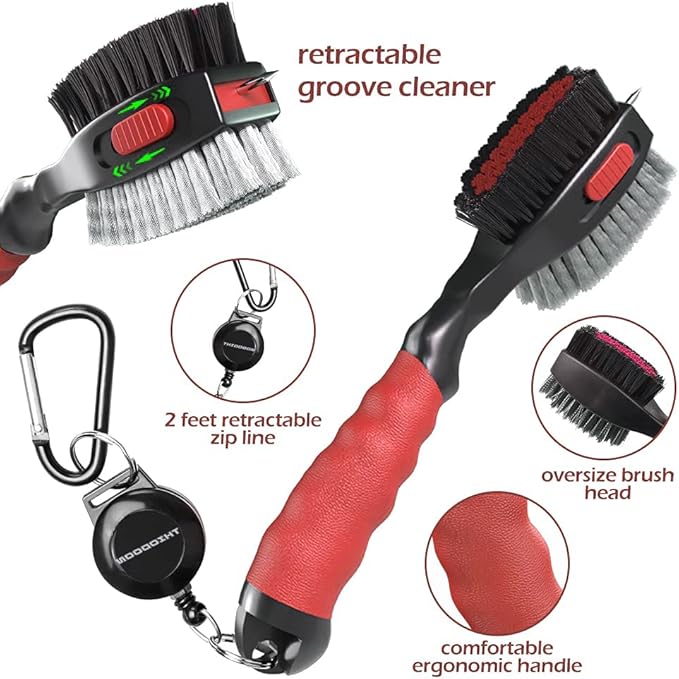 THIODOON 2 Pack Golf Club Brushes and Groove Cleaner 2 ft Retractable Zipline Carabiner Golf Brush Head with Retractable Spike Comfortable Grip Golf Club Cleaner