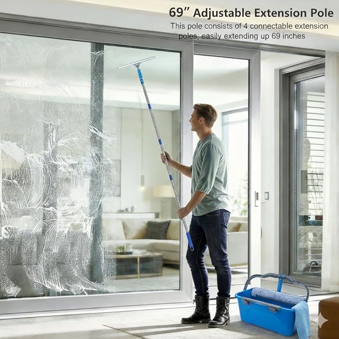 Window Cleaning Kit with 6ft Long Handle, 3 Gallon Bucket,14" Squeegee,15" Microfiber Scrubber,Spray Bottle, Cloth,Professional Window Washing Equipment Cleaner Tool for Outdoor Commercial Household