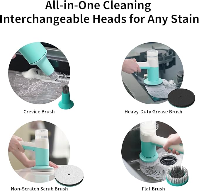 Dual-Rotation Electric Scrubber - IPX5 Waterproof Multi-Surface Cleaning Brush for Bathroom, Kitchen, Tile, Glass & More - Includes 4 Brush Heads (Nylon/Sponge/Crevice/Flat)