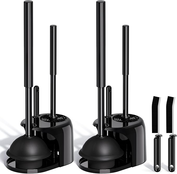 2PACK 3 in 1 Toilet Brush and Plunger Set with Crevice Cleaning Brush, Toilet Plunger and Brush Set with Extra Long Handle, Plungers for Bathroom Accessories, Bright Black