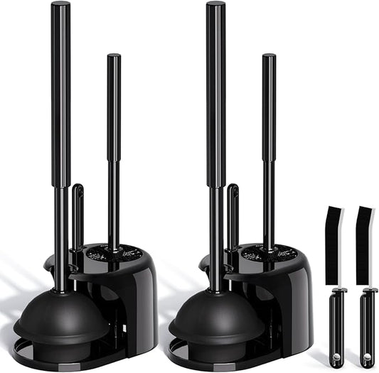2PACK 3 in 1 Toilet Brush and Plunger Set with Crevice Cleaning Brush, Toilet Plunger and Brush Set with Extra Long Handle, Plungers for Bathroom Accessories, Bright Black