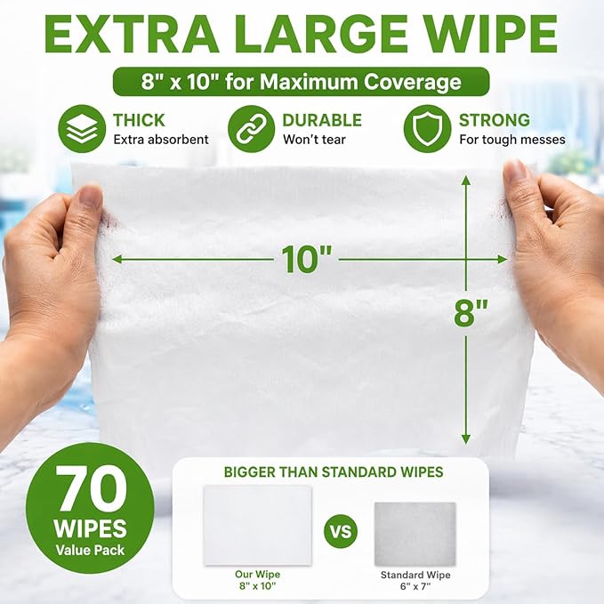 Air Jungles All Purpose Cleaning Wipes for Car and Home 70 Count (Pack of 2), Extra Large 8" x 10" Heavy Duty for Car Interior Vinyl, Kitchen, Bathroom, Countertop, Furniture, Tool - Non-Toxic