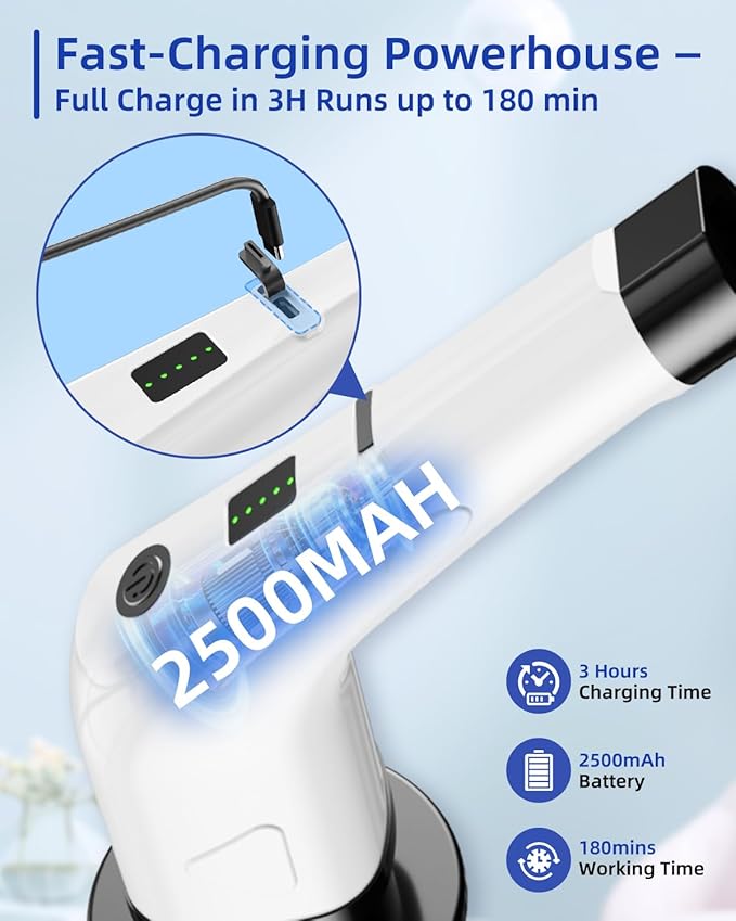 Electric Spin Scrubber, Cordless Power Scrubber for Bathroom Cleaning, 6 Replaceable Brush Heads, 360 RPM, Long Battery for Tub, Tile, Grout & Floor