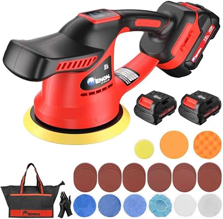 ENON Cordless Car Buffer Polisher Kit（2X 2000mAh 12V Batteries&34 PCS Attachments）- Brushless Dual Action Random Orbital