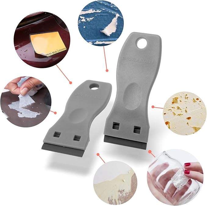FOSHIO 2PCS Plastic Razor Blade Scraper Tool and 100PCS Plastic Blades for Gasket Remover, Sticker Remover, Labels Decal and Adhesive Remover for Windows and Glass (Grey)