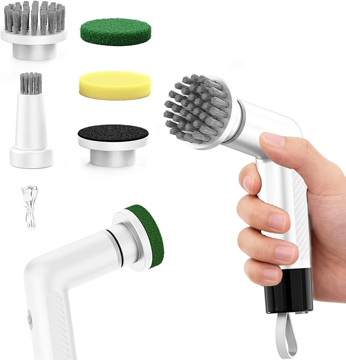 Electric Dish Scrubber, Mini Cordless Kitchen Cleaning Brush with 4 Replaceable Heads, 20W High-Torque Dual Speed, IPX7 Waterproof LED Display 90-120 Mins Runtime (ECB-S3)