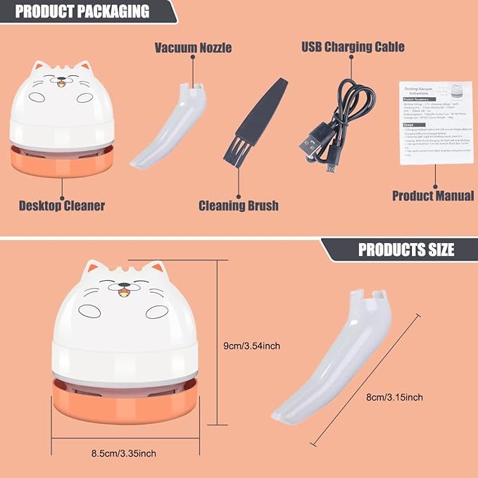 YUNYILAN Mini Desktop Vacuum Cleaner, Portable USB Vacuum Cleaner for Desk Mini Cute Cartoon Desktop Vacuum for Cleaning Eraser Crumbs, Dust, Crumbs, Computer, Keyboard and Car (White Orange)