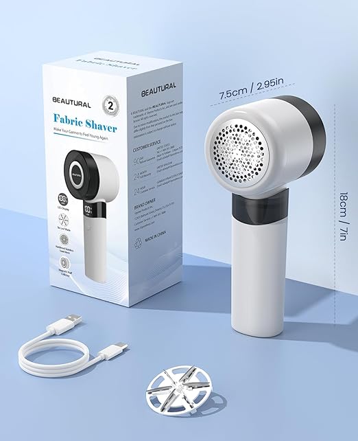BEAUTURAL Fabric Shaver and Lint Remover, Rechargeable Electric Sweater Shaver with 3 Speeds, 6 Leaf Blades and LED Display, Portable Pilling Remover for Clothes, Furniture, Blankets, White