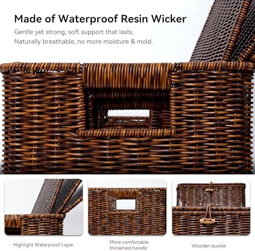 Wicker Storage Basket With lid, Stackable Plastic Bin (Brown, S+M+L)