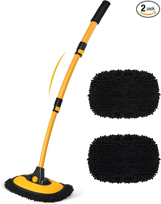 HIPPIH 15° Curved Car Wash Brush with Long Handle, 2 Scratch-Free Mop Heads