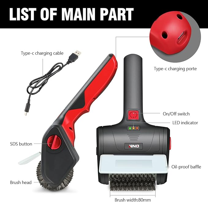 DNA Motoring Cordless Electric Grill Cleaning Scrub Brush Rechargeable with Type-C Charge Cord,Red/Black, TOOLS-00219-RD