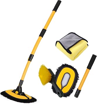 57'' Car Wash Brush with Long Handle Chenille Microfiber Car Wash Kit， Mitt Retractable Bent Pole Car Wash Brush for Car