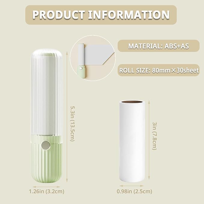Compact Lint Roller with 150 Sheets - Portable Pet Hair Remover for Clothes, Furniture, and Travel Essentials Household Use, 1 Handle+5 Roller Refills (Green)