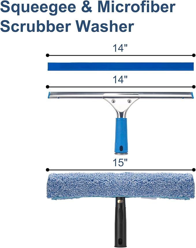 Professional Window Cleaning Kit, 14" Rubber Squeegee with 15" Microfiber Scrubber, Window Cleaning Tool for Home, Window Washing Equipment Commercial & Household Use