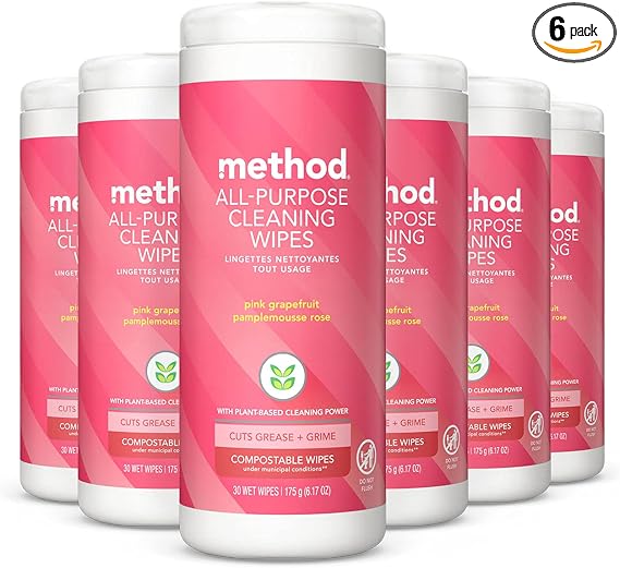 Method All-Purpose Cleaning Wipes, Pink Grapefruit, Multi-Surface, Compostable, 30 Count (Pack of 6)