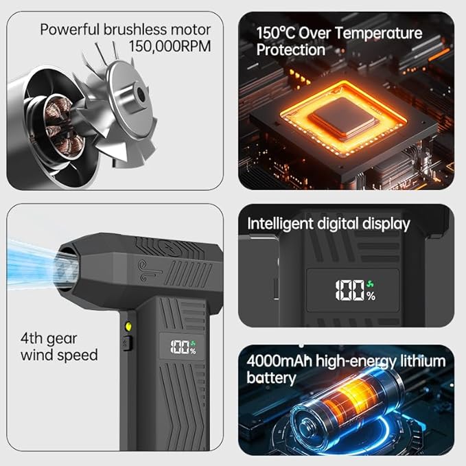 Violent Fan, Turbo Fan, Compressed Air Duster, 4-Gear to 150000RPM Electric Air Duster Portable Cordless Air Blower, for Cleaning Keyboard & PC, Air Cleaning Kit- air dusters-Rechargeable