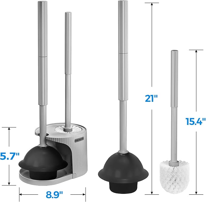 FORASTO 2 in 1 Toilet Plunger and Brush Set,Extended Handle Plunger,Toilet Bowl Brush Plunger Set,Bathroom Cleaning Tools,Cleaning Brush,Toilet Brush Plunger Combo,Charcoal Gray（20.8inch）