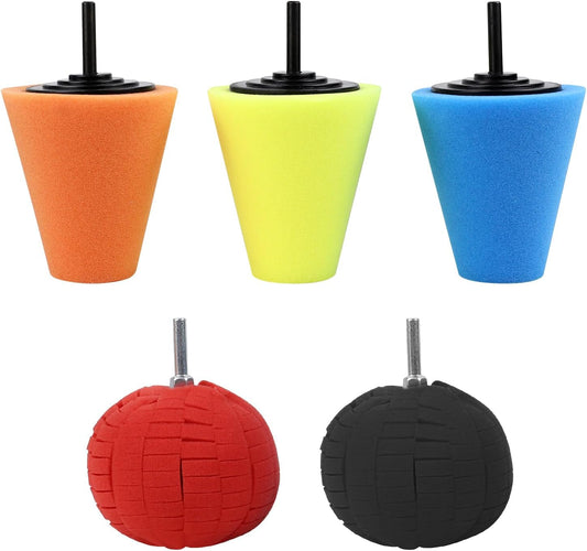Hovom 5PCS Car Wheel Hub Drill Buffing Sponge Pads Kit, Car Polishing Foam, Sponge Buffing Cone and Polishing Ball Set