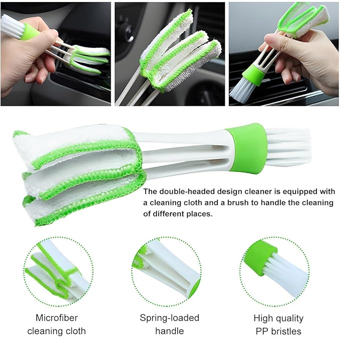 KVAEY 2 PCS Mini Duster for Car Air Vent, Double Ended Automotive Air Vent Microfiber Duster & Brush, Dust Collector Cleaner for Keyboard Window Leaves Shutter, Car Accessories (Green)