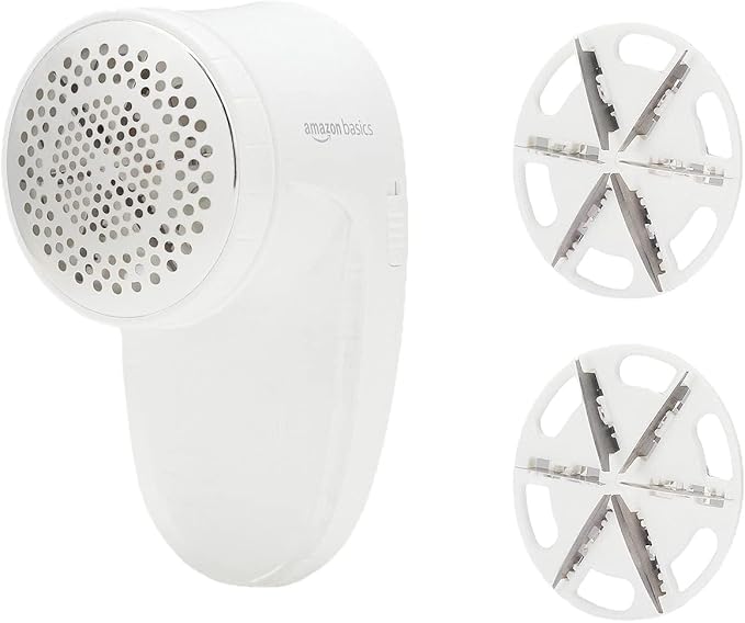 Amazon Basics Battery Operated Fabric Shaver for Clothes, Remove Pilling, Lint and Fuzz Removal, 6-Leaf Blades with Safety Lock, Portable, Includes 2 Spare Blades, White