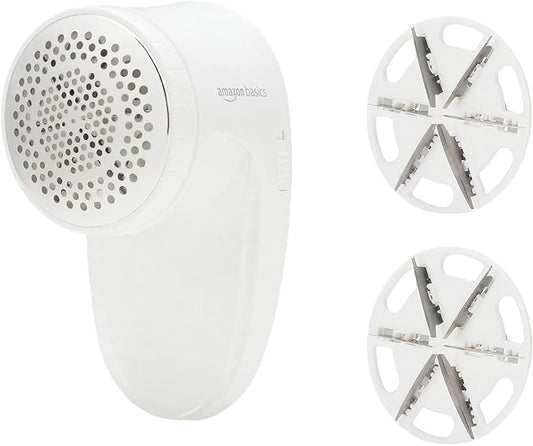 Amazon Basics Battery Operated Fabric Shaver for Clothes, Remove Pilling, Lint and Fuzz Removal, 6-Leaf Blades with Safety Lock, Portable, Includes 2 Spare Blades, White