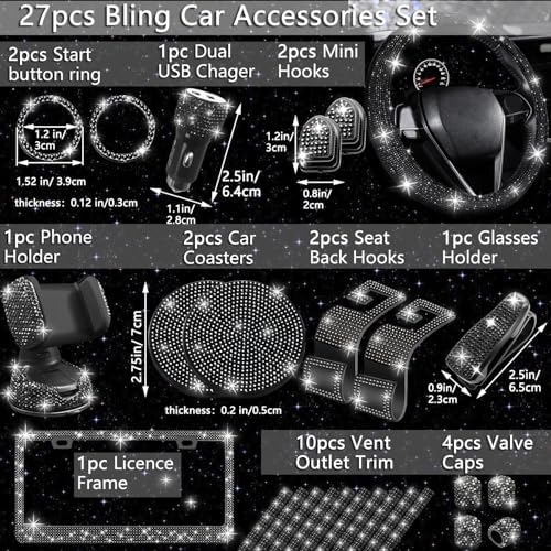 27 PCs Black Bling Car Accessories Set for Women, Steering Wheel Covers Universal Fit 15 Inch, Bling License Plate Frame, Bling Phone Holder, Bling Car Coasters (Black Diamond)
