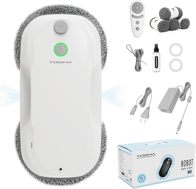 Tosima W5 Window Cleaning Robot, Dual Direction Auto-Spray Smart Window Cleaner with Triple Safety System, Smart Navigation, Remote Control, for All Smooth Surfaces, with 8 Rags, White Robotic Vacuums