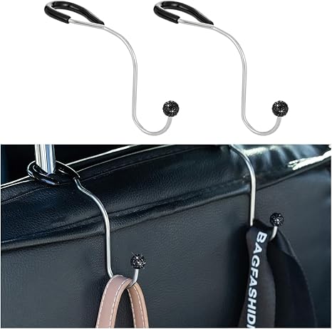 Bling Car Headrest Hooks, 2PCS Crystal Rhinestone Vehicle Seat Hanger for Purses Grocery Bags Clothes, Auto Storage Orga