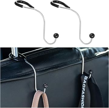 Bling Car Headrest Hooks, 2PCS Crystal Rhinestone Vehicle Seat Hanger for Purses Grocery Bags Clothes, Auto Storage Orga