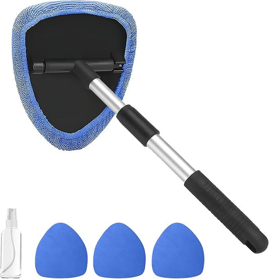Windshield Cleaning Tool, Car Window Cleaner with Extendable Handle, 4 Microfiber Pads and Spray Bottle, Auto Interior Exterior Glass Wiper Cleaning Kit Universal for RV, SUV, Truck (Blue)